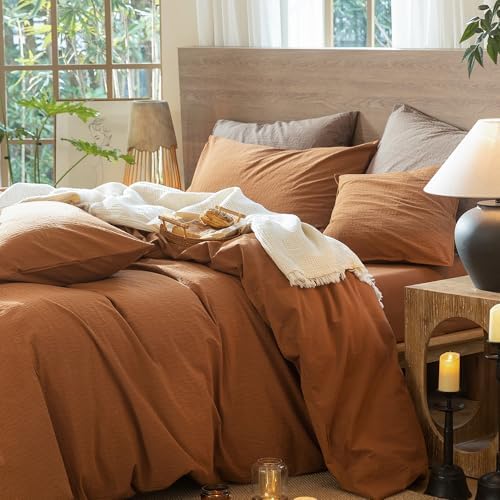 MooMee Wavy Striped Duvet Cover Set 100% Washed Cotton Linen Like Textured Breathable Durable Soft Comfy (Dark Orange, Oversized Queen 98"x98") - Image 3