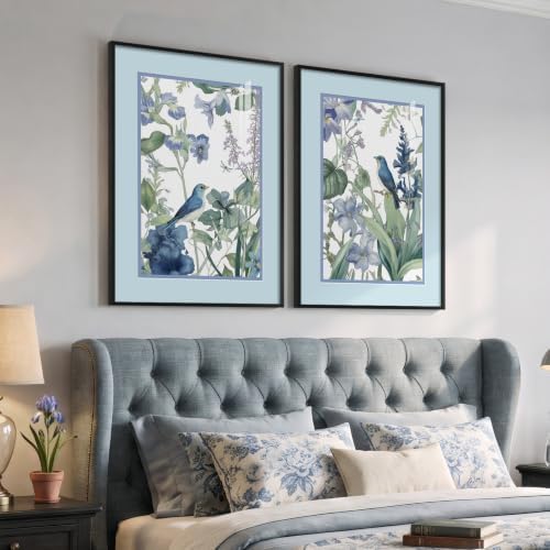 Framed Vintage Blue Floral Bird Botanical Wall Art for Living Room, 2 Piece - Image 2