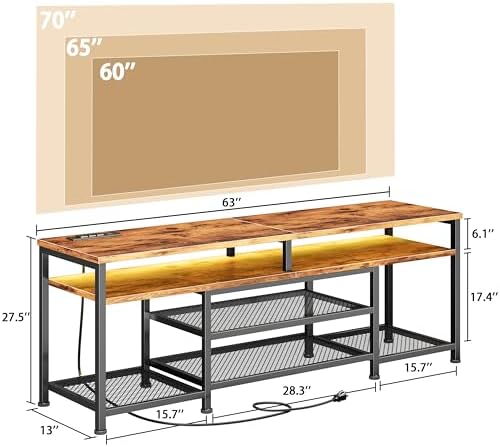 Furologee 63 Inch TV Stand with Power Outlets & LED Lights, Rustic Brown - Image 2