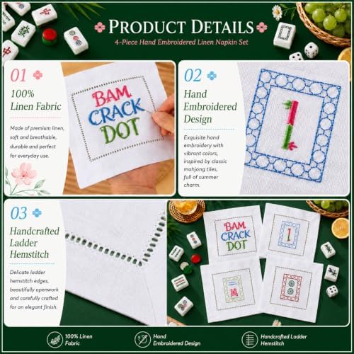 Chumia 4 Pcs Mahjong Gift Embroidered Napkins for Mahjong Lovers, Novel - Image 3