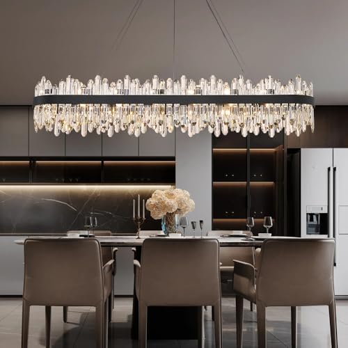 Black Oval Crystal Chandelier L57 inch, 32-Lights Chandeliers Modern Crystal Chandelier Pendant Light Fixture G9 Lights Pendant Ceiling Light for Kitchen Island High Ceiling - Image 3