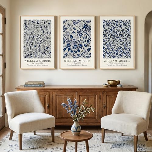 Large Framed William Morris Blue Canvas Wall Art for Living Room, 3 Piece - Image 2