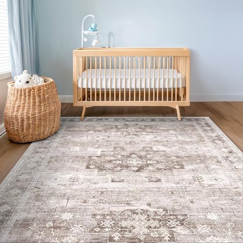 Hazo Haus Washable Neutral Farmhouse Living Room Rug, 5x7 Area Rugs for Bedroom, Nursery Room, Boho Vintage Floral Non-Slip Rug Low Pile Stain Resistant (5x7 Beige/Latte) - Image 6