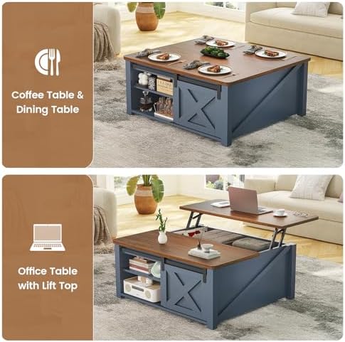 SEDETA 31.5" Lift Top Coffee Table with Storage, Square Coffee Tables for Living Room, Farmhouse Coffee Table with Large Hidden Storage Compartment and Adjustable Shelves, Blue - Image 4