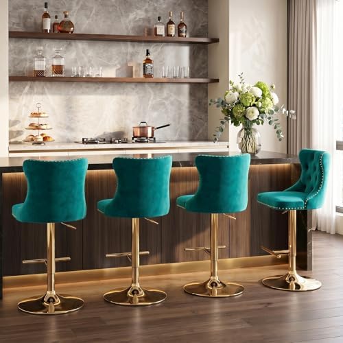 SoarFlash Velvet Bar Stool Set of 4, Adjustable Swivel Bar Stools with Gold Plated Metal Leg, Button Tufted, Footrest, Chrome Nailhead, Counter Height Chair for Kitchen, Bar, Dining Room (Green) - Image 4