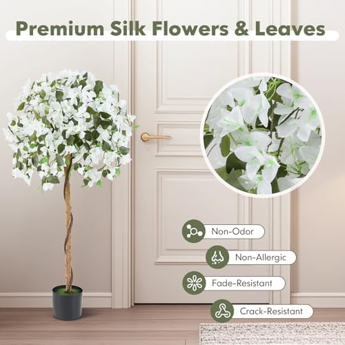 Goplus 53” Bougainvillea Artificial Tree, Faux Silk Flower Tree in Pot w/ 576 Flowers, 288 Leaves, Tall Fake Floor Plant, Artificial Plants for Indoor Outdoor Bedroom Living Room Decor, White - Image 3