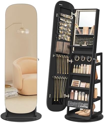 SONGMICS LED Jewelry Cabinet, 360° Swivel, Lockable, Full-Length Mirror by SONGMICSbySONGMICSHOME