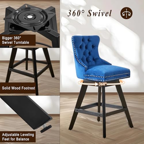 SoarFlash Kitchen Velvet Swivel Bar Stools with Solid Wood Legs Upholstered Counter Stools Set of 6, Blue - Image 5