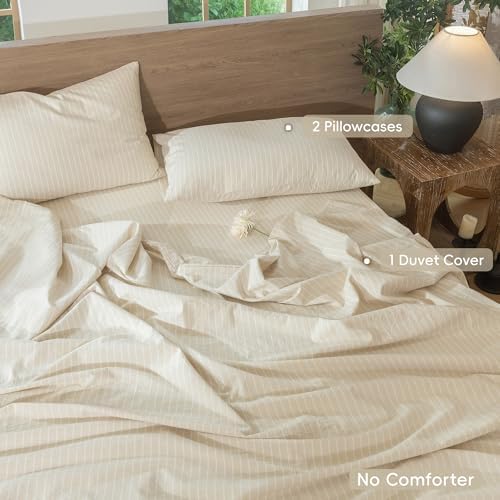 MooMee Striped Duvet Cover Set 100% Washed Cotton Linen Like Super Queen - Image 2