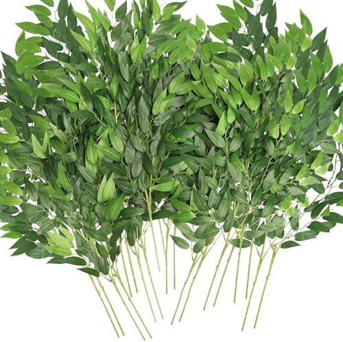 Artificial Italian Ruscus Greenery Stems, Faux Green Leaf Garland Branches Hanging Greenery Spray for Wedding Bouquet Arch Table Centerpiece Home Decor (Green-10 Pack) by WONICE