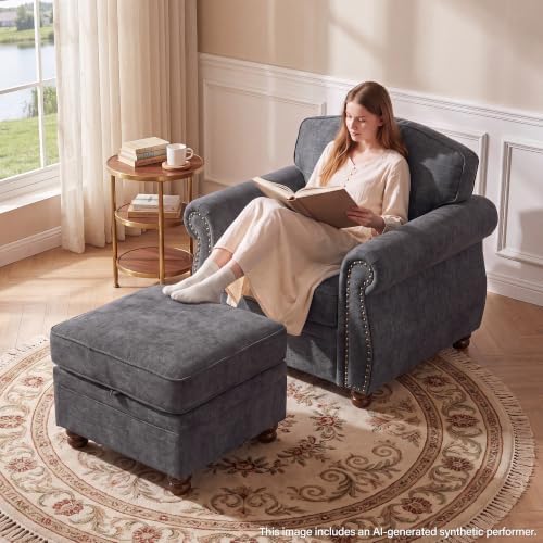 Traditional Accent Chair with Storage Ottoman, 41.3", Chenille, Dark Gray - Image 3