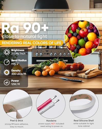 Shine Decor Under Cabinet Lighting Strip, Free Cuttable LED Silicone Neon Rope Hardwired 24V Anti-Glare Bright Cozy 756 Lumen for Indoor, Adhesive White Shell 6000K Cool 36” UL Certified, No Adapter - Image 2