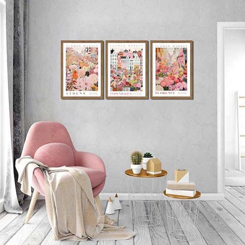 Floral Wall Art Set of 3, Colorful Flower Market Canvas Wall Decor Paintings, Pink Wildflower Botanical Posters Prints Pictures Artwork for Bedroom Living Room 12x16 Inch Wood Framed - Image 5