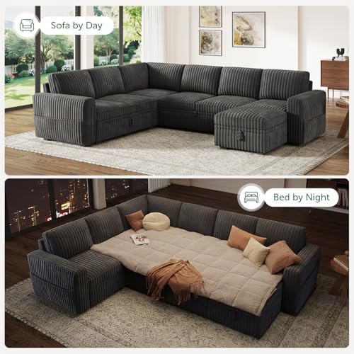 HONBAY Modular Sectional Sleeper Sofa with Pull Out Bed,Corduroy U Shaped Couch with Storage, Sectional Couches for Living Room,Dark Grey - Image 4