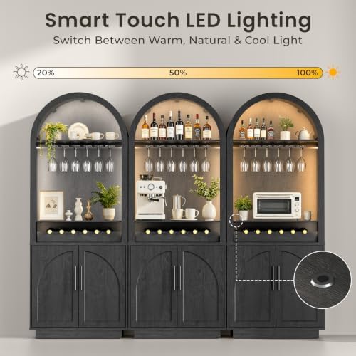 Fatmok Modular Coffee Bar with LED Lighting,Charging Station,Arched Wooden Buffet Sideboard,Modern Liquor&Wine Display Storage Cabinet for Living Room,Black Grey(FEA,3-Piece) - Image 4