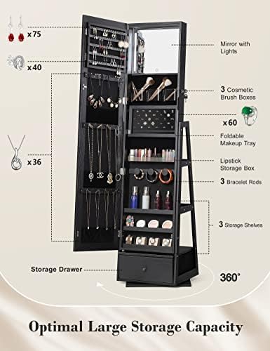 Nicetree 360° Swivel Jewelry Cabinet with Lights, Full Length Mirror, Black - Image 3