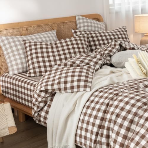 BESTOUCH Gingham Cotton Duvet Cover Set Cocoa Brown Full - Image 2