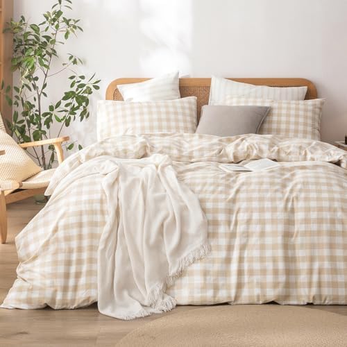 BESTOUCH Gingham Cotton Duvet Cover Set Almond Grey Full by BESTOUCH