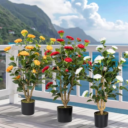 2 Pack 3FT Artificial Camellia Trees in Pots, White Flowers - Image 7