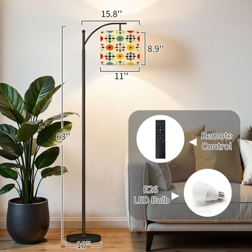 Arc Floor Lamp Mid century fifties modern retro colors seamless pattern collection Dimmable Modern Standing Lamp with Remote Adjustable Drum Shade Footswitch Tall Pole Lamp for Living Room Bedroom - Image 2