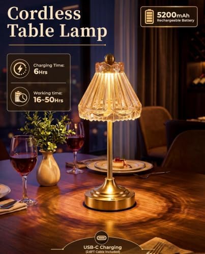 Cordless Small Table Lamp, 5200mAh Rechargeable Glass Lamp - Image 3