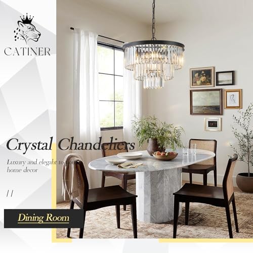 CATINER 20" Modern Crystal Chandeliers,7 Lights Black Round Light Fixture - Image 2