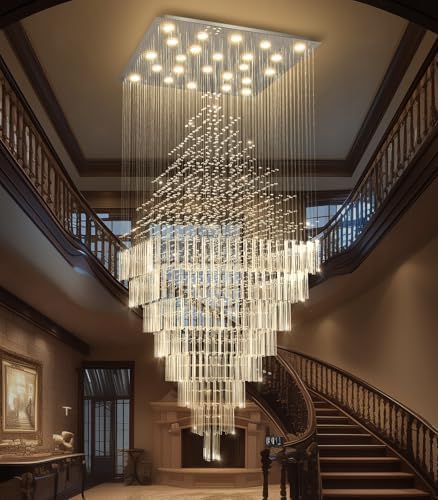 HAIXIANG W47 x H120 Luxury Crystal Chandelier with LED Bulbs Glam Raindrop High Ceiling Square Light Chandeliers for Entrance Large Villa Foyer Living Room Lighting Fixtures Silver by HAIXIANG
