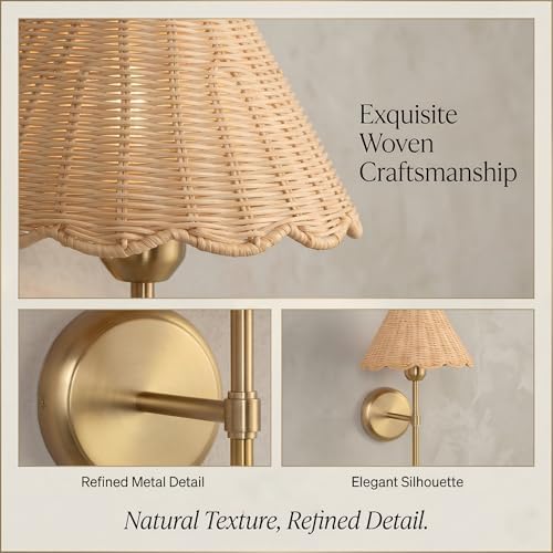 Rattan Wall Sconce Set of 2, Hardwired Boho Wall Sconces with Handwoven Rattan Shade, Gold Wall Lights for Bedroom, Bedside, Hallway, Living Room - Image 7