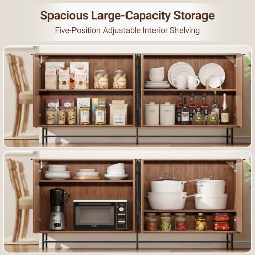 Mericonia 64 Inch Large Buffet Cabinet with Storage, Modern Mid-Century Walnut Sideboard with 4 Doors & Adjustable Shelves, Accent Credenza Coffee Bar for Kitchens, Dining Room, Living Room, Entryway - Image 6