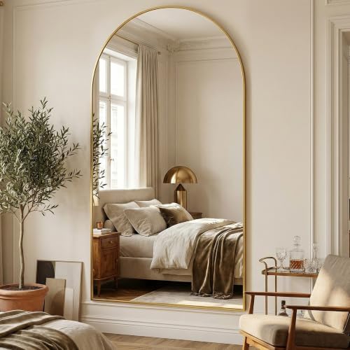 Suidia 82"x44" Arched Full Length Mirror with Stand, Full Body Mirror with Aluminum Frame, Freestanding/Leaning/Wall-Mounted, Floor Mirrors for Bedroom, Living Room, Entryway, Dressing Room, Gold - Image 2