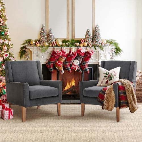COLAMY Modern Wingback Living Room Chair Set of 2, Upholstered Fabric Accent Armchair, Single Sofa Chair with Lounge Seat and Wood Legs for Bedroom/Office/Reading Spaces, Gery by COLAMYHOME
