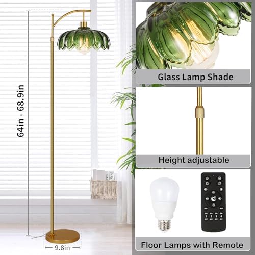 QIYIZM Gold Floor Lamp for Living Room,Bedroom,Mid Century Modern Standing Lamp with Remote,Dimmable Brass Tall Lamp Green Glass Lamp Vintage Retro Arc Floor Lamps Flower Floor Light Boho Bohemian - Image 5