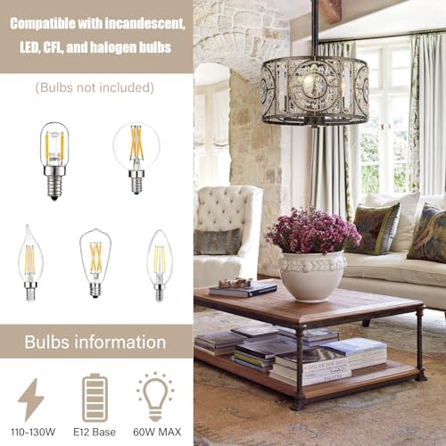Vintage Crystal Drum Chandelier, 3-Lights Bronze Finish Retro Chandelier Lighting Fixtures, Semi Flush Mount Ceiling Light for Dining Room Living Room Bedroom Entryway Etc. - Image 4