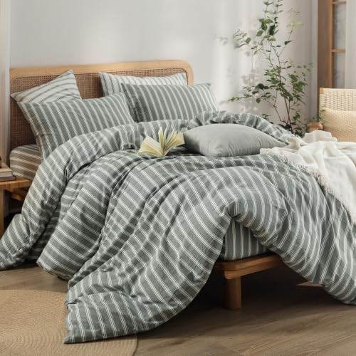 BESTOUCH Striped Cotton Duvet Cover Set Linen Feel Oversized Full - Image 5