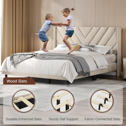 Yaheetech King Bed Frame with Chevron Channel-Tufted Headboard, Beige - Image 5