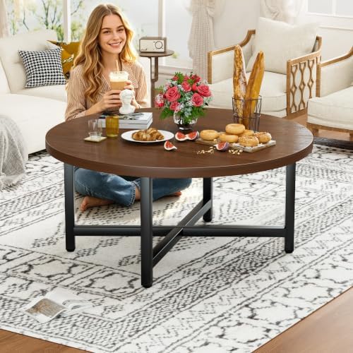 Coffee Table, Round Coffee Tables for Living Room, Floor Table for Sitting on The Floor, Center Coffee Table with Metal Frame for Office Apartment Home (31.5" D Round Walnut) - Image 3
