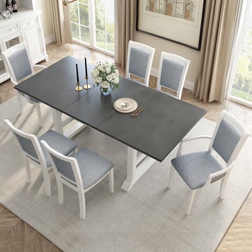 VilroCaz Farmhouse Rustic 7-Piece Dining Table Set, Solid Wood Kitchen Table Set with Upholstered Side Chair and Arm Chair, Home Breakfast Kitchen Dining Room Set for 6, Weathered Wood Texture by VilroCaz