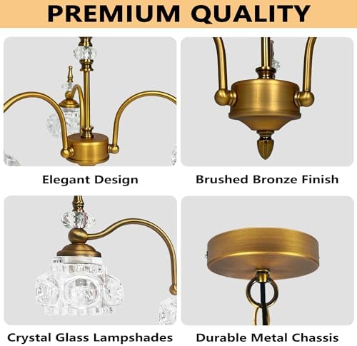Montex Gold Brass Chandelier, 3 Light Vintage Crystal Glass Pendant Fixture - Image 3