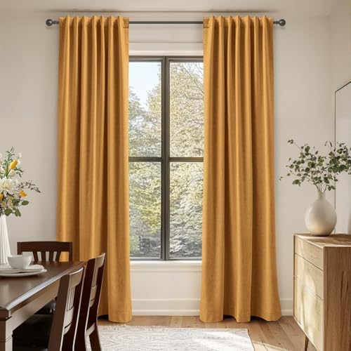 Faux Linen Total Blackout Curtains for Bedroom 102 Inch Long Mustard Yellow - Image 6