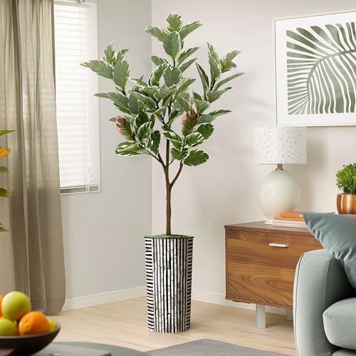 Artificial Tree in Black and Brown Striped Planter, Fake Rubber Silk Tree for Indoor and Outdoor Home Decoration - 70" Overall Tall (Plant Pot Plus Tree) by SIGNWIN