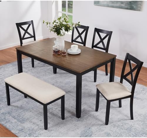 Harper & Bright Designs Dining Table Set for 6 with Bench, 6-Piece Farmhouse Kitchen Set in Black & Oak Two-Tone, Solid Wood Frame Table & 4 Chairs for Dining Room by HarperBrightDesigns