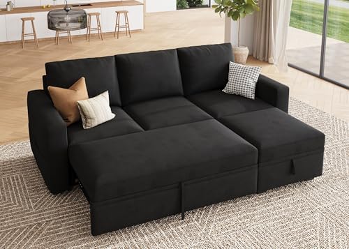 HONBAY Modular Sectional Sleeper Sofa with Pull Out Bed, L Shaped Couch with Storage Seat, Modular Sectional Couches for Living Room - Black by HONBAY