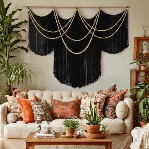 Macrame Wall Hanging Black Yarn Tapestry Boho Fiber Art Decor 57"W*43"L by FLBER