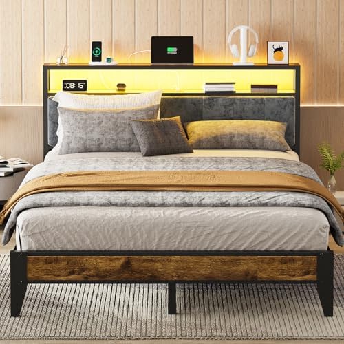 OLEVS Queen Size Bed Frame with Charging Station & LED Light, 2-Tier Storage Headboard & Footboard, Noise-Free Metal Platform Bed No Box Spring Needed, Easy Assembly by OLEVSHOME