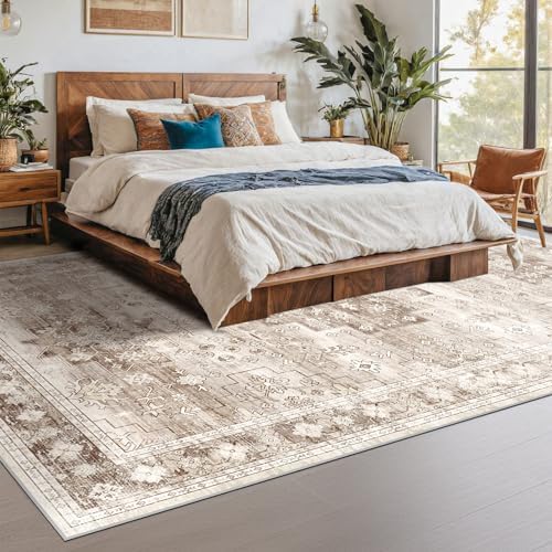 Washable Farmhouse Living Room Rug, 8x10 Area Rugs for Bedroom, Dining Room Under Table Carpet, Kids Room, Large Boho Vintage Non-Slip Floral Rugs Low Pile Stain Resistant (8x10 Beige/Latte) - Image 6