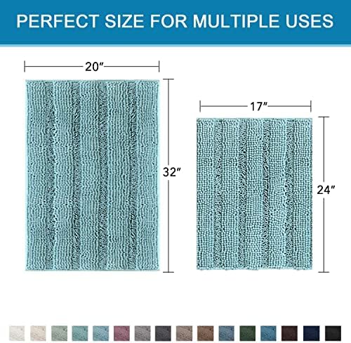 H.VERSAILTEX Extra Thick Chenille Striped Pattern Bath Rugs for Bathroom Non Slip - Soft Plush Shaggy Mats for Floor, Indoor, Entryway (Aqua Haze, 32 x 20 Plus 24 x 17 - Inches) - Image 2