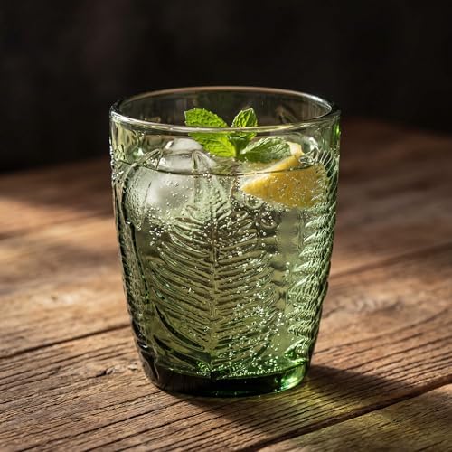Green Drinking Glasses Set of 4, 10 oz Glass Cups, Vintage Fern Glassware - Image 5