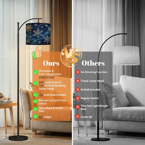 Arc Floor Lamp Golden Snowflakes Blue Winter Sky Swirling Patterns Dimmable Modern Standing Lamp with Remote Adjustable Drum Shade Footswitch Tall Pole Lamp for Living Room Bedroom - Image 7