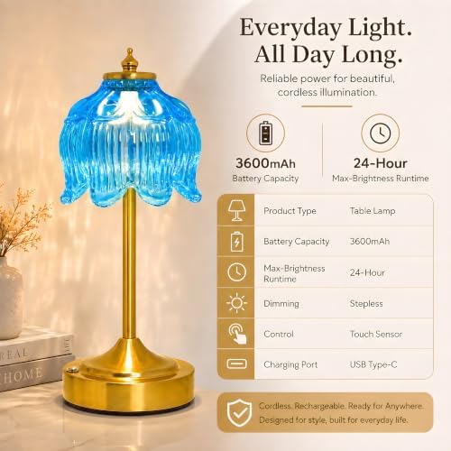Lotus Flower Table Lamp, Cordless Rechargeable Amber Glass Bedside Lamp | 3600mAh Battery, Touch Control, 3 Color Modes & Stepless Dimming for Bedroom, Nightstand Lake Blue 1PC - Image 7
