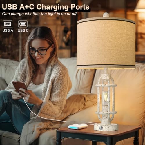 G-SAFAVA 23.75'' Table Lamps Set of 2 for Living Room Bedroom Industrial Farmhouse Metal Touch Lamps with USB A+C Ports, Night Light Vintage Nightstand Bedside Lamp, Bulbs Included, White - Image 3